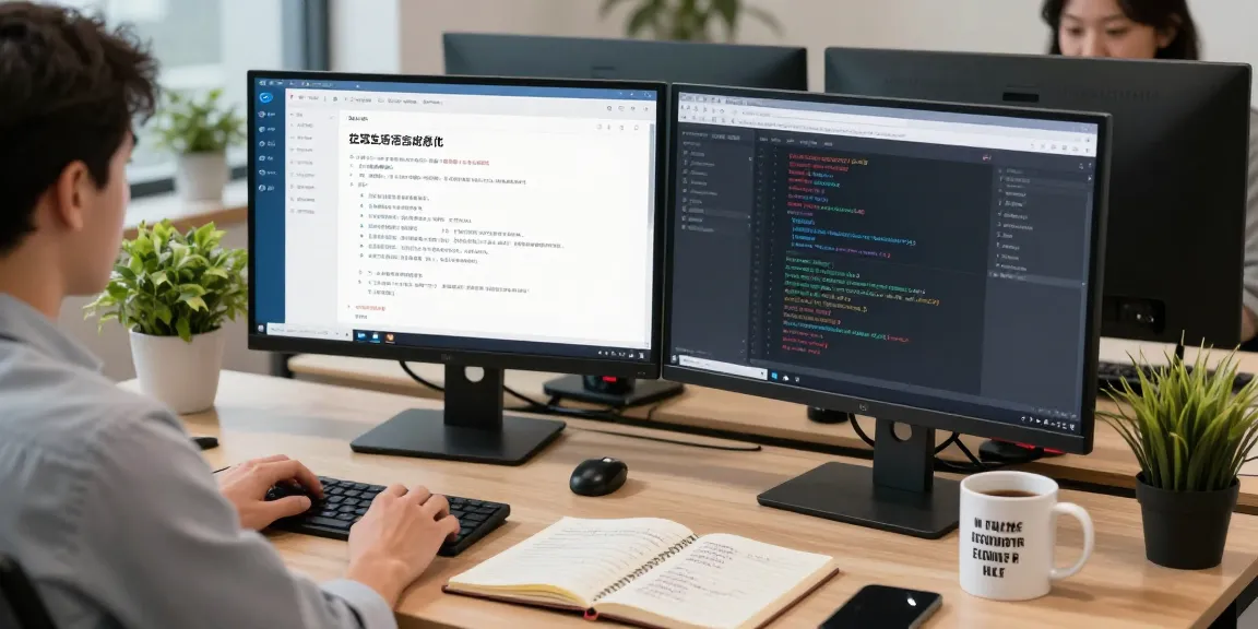 Customize your Telegram Chinese interface in a modern workspace setting with dual monitors and programming tools.