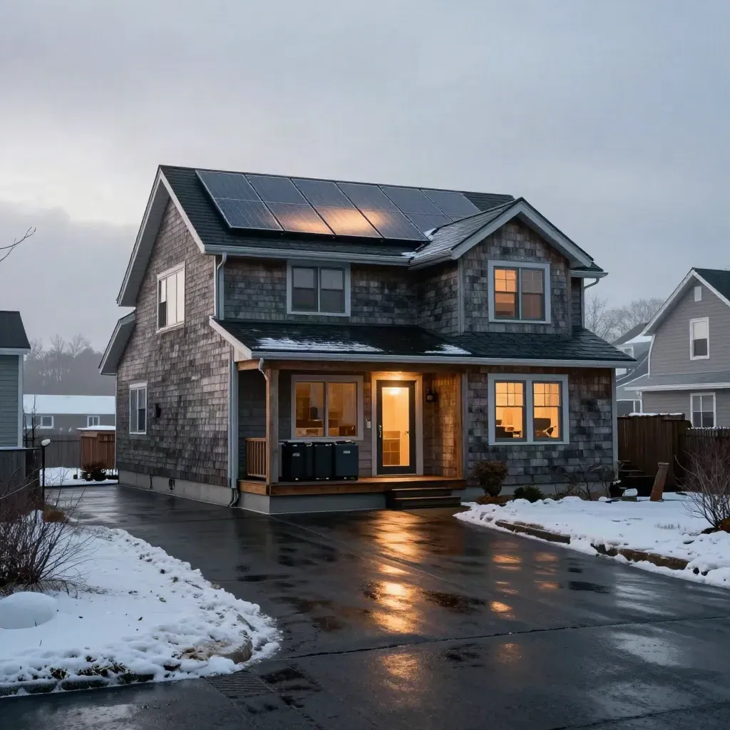 Coastal home with solar roof, glowing battery cabinet, wet patio door reflection, and snow at the yard edge.