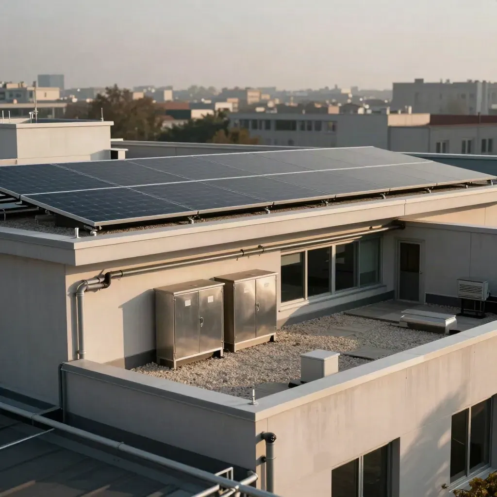 Solar office rooftop with panels, inverter cabinets, and soft afternoon light over gravel