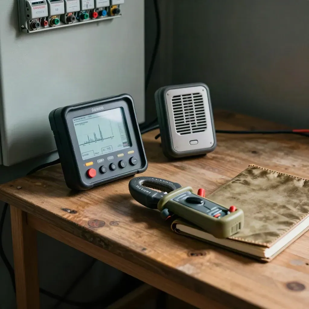 Energy monitoring tools on a utility shelf in moody close-up with soft haze