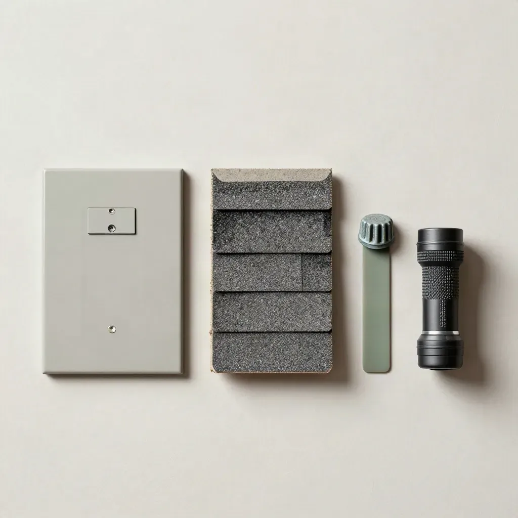 Roof sample, panel cover, vent cap and flashlight on a plaster sweep with soft daylight.
