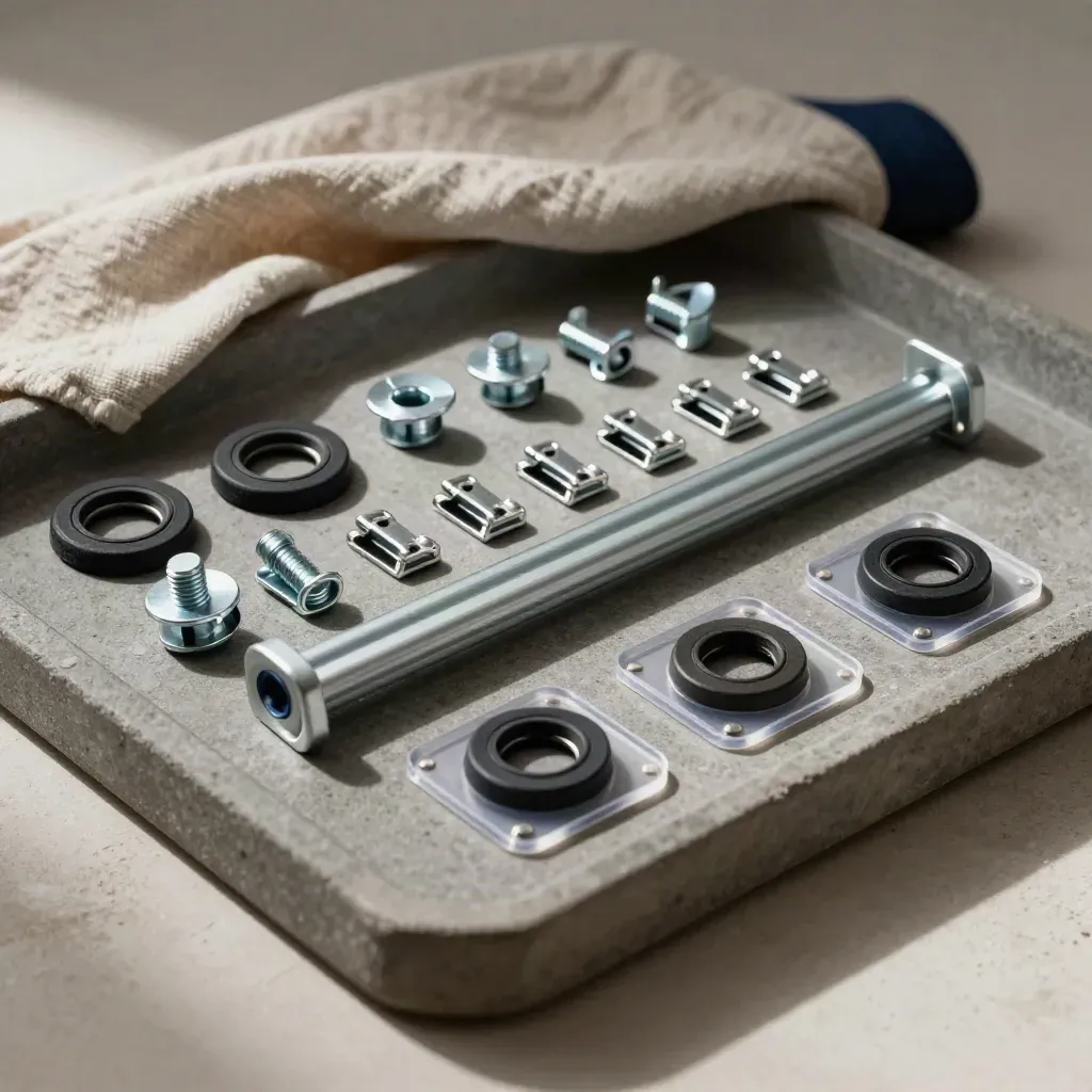 Solar install hardware on a stone tray with rail sections, clips, and corner protectors.