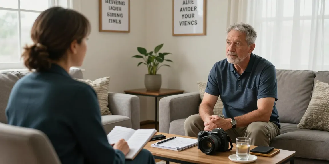 PTSD treatment for veterans during therapy session with supportive therapist in healing atmosphere.